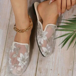 Women Floral Embroidered Mesh Panel Flat Mules